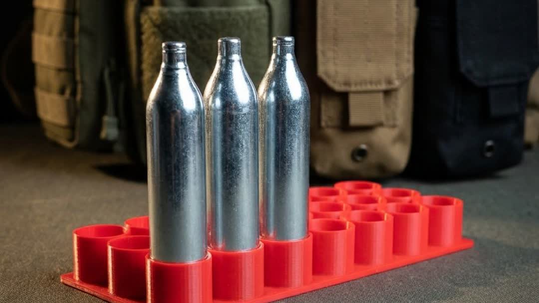 12G Co2 Capsule 21 Cartridge Storage Red tray with 12g CO2 cartridges seated in snug slots
