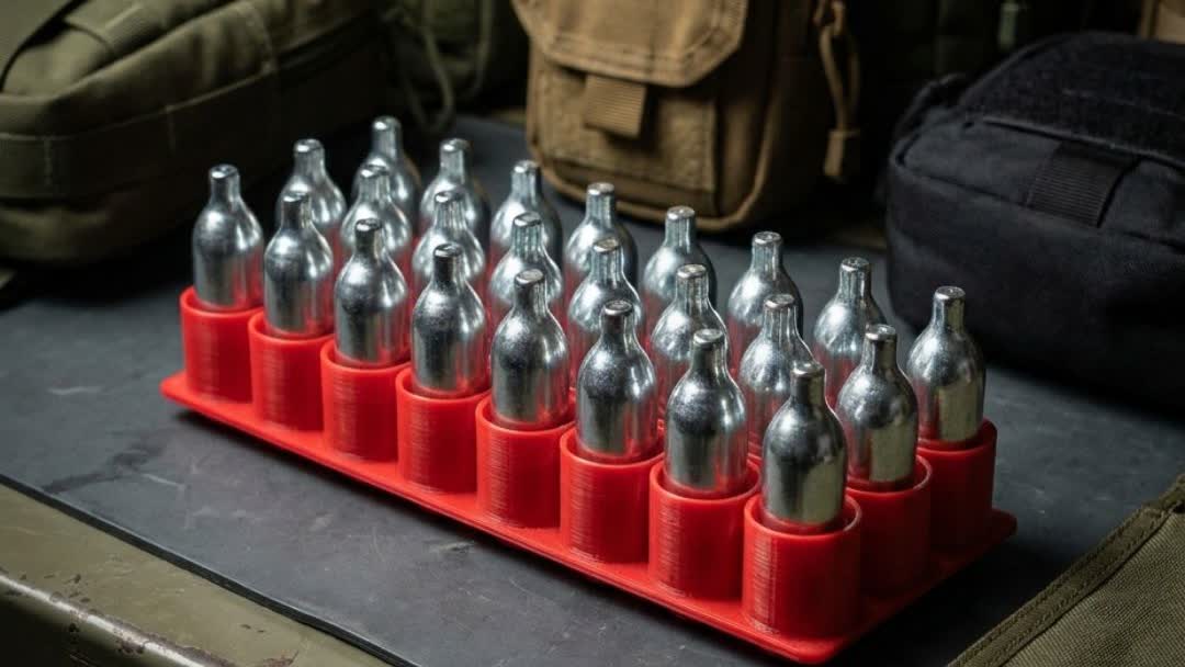 12G Co2 Capsule 21 Cartridge Storage Red tray loaded with 12g CO2 capsules on a tactical case