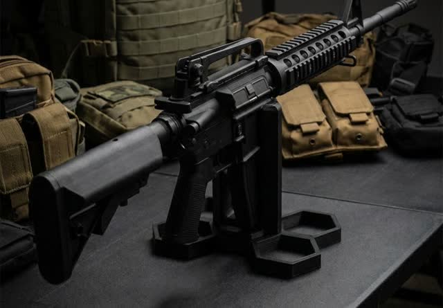 M4 Rifle Stand Black no Logo V3 with airsoft M4 on tactical table