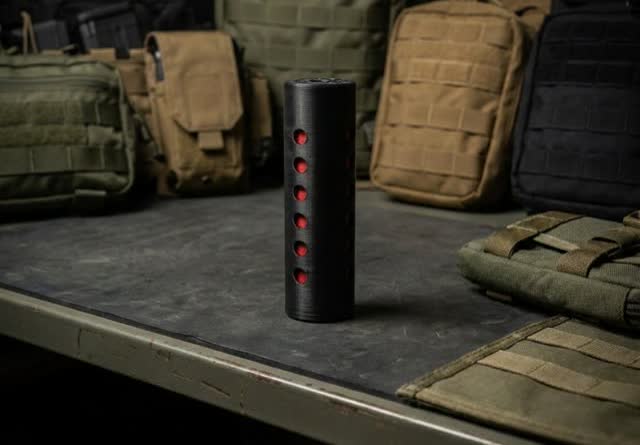 VIO Modular Air Gun Moderator with Removable Red Bafflers 1/2 UNF 122mm on a tactical table