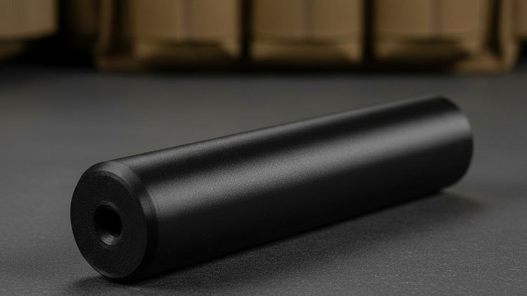 Close-up of the Mini Magna AT moderator showing the M14x1mm threaded end