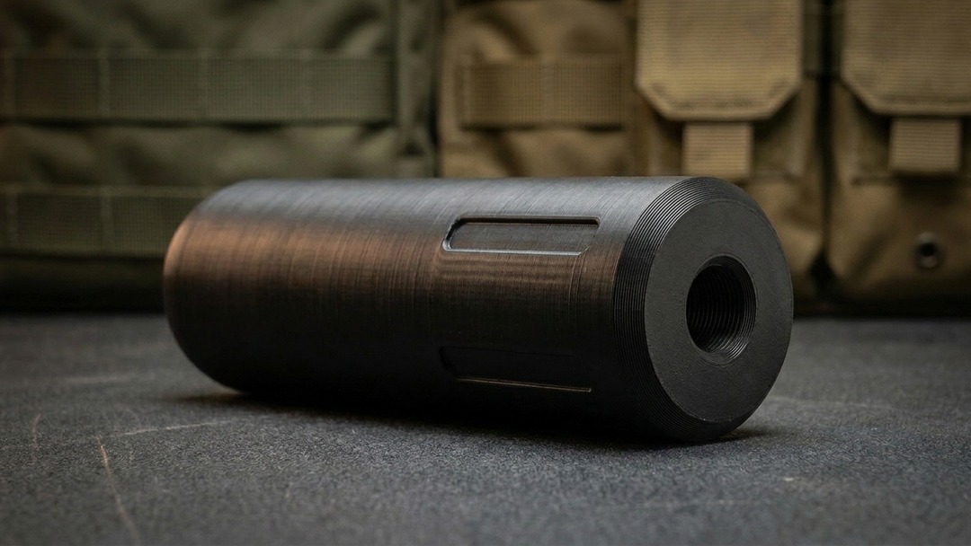 Close view of the Mini Magna SD moderator end cap with its central threaded bore and rectangular slots