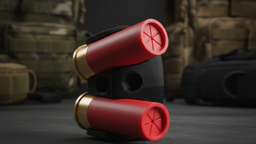 Close-up detail of the M-LOK Benelli MatchSaver dual shell holder retaining clips and counterbored mounting holes