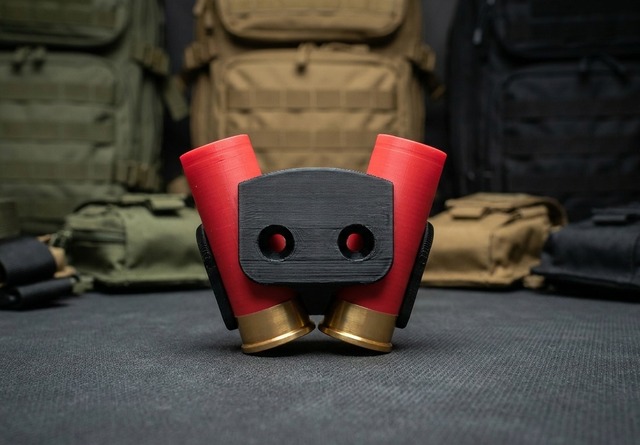 M-LOK Benelli MatchSaver Dual Shell Holder 3D Printed with two red 12-gauge shell replicas on a tactical table